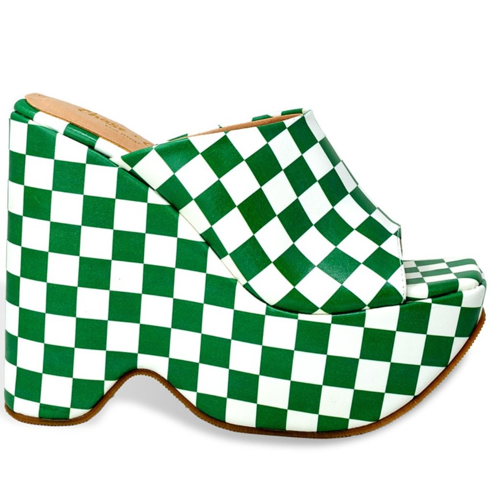 Womenโs Chunky Flatform Wedge Slide Heel Checkered Sandal